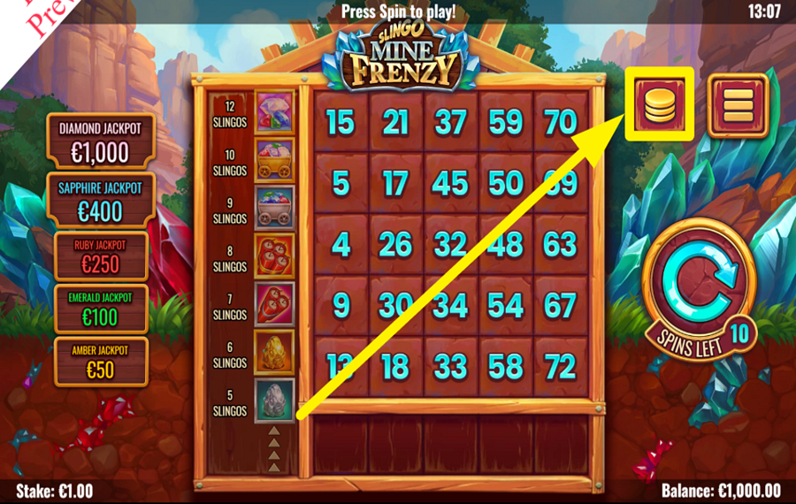 Slingo Mine Frenzy SELEZIONA L'IMPORTO DELLA SCOMMESSA.