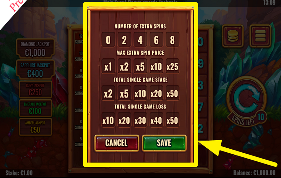 Slingo Mine Frenzy REGOLARE LE IMPOSTAZIONI DEI GIRI EXTRA.