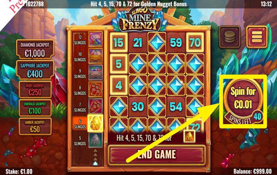 Slingo Mine Frenzy ACQUISTA UN GIRO EXTRA.