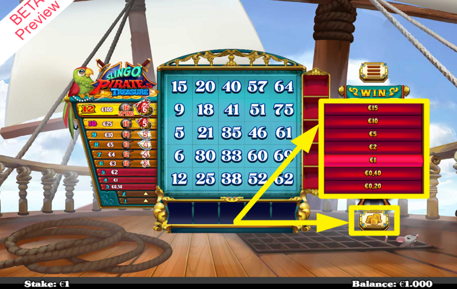 Slingo Pirates Treasure PLACE YOUR BET.