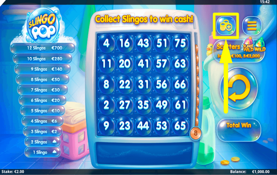 Slingo Pop DÉTERMINER LA MISE.