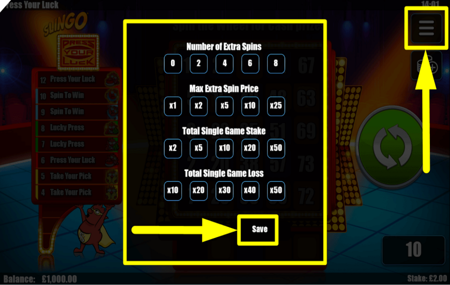 Slingo Press Your Luck UTILISER LES COMMANDES DE LECTURE.
