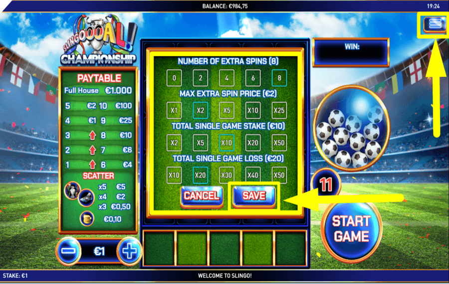 Slingoooal Championship CONFIGUREZ DES SPINS SUPPLÉMENTAIRES.