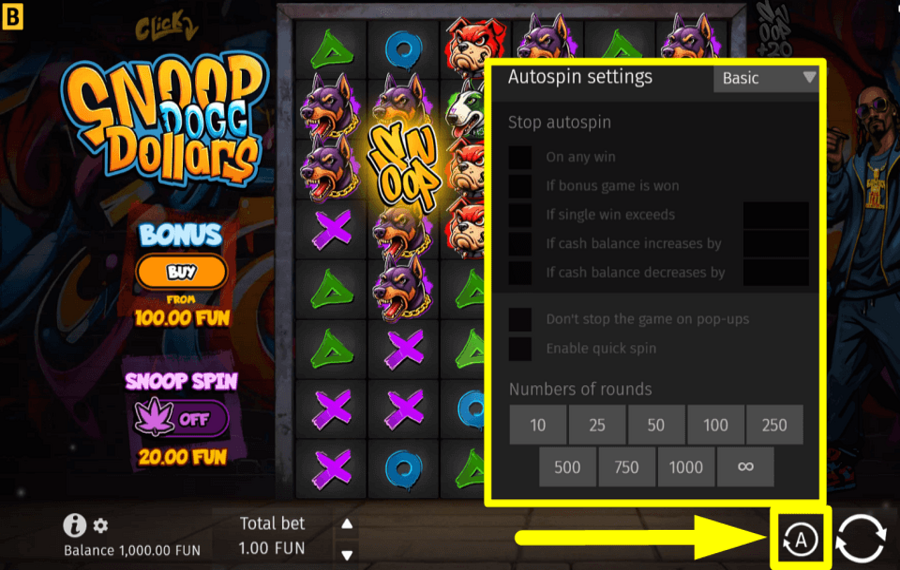 Snoop Dogg Dollars ENABLE AUTOMATIC SPINS.