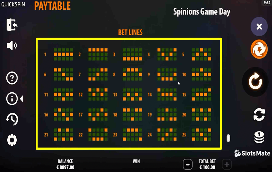 Spinions Game Day Choose the paylines.