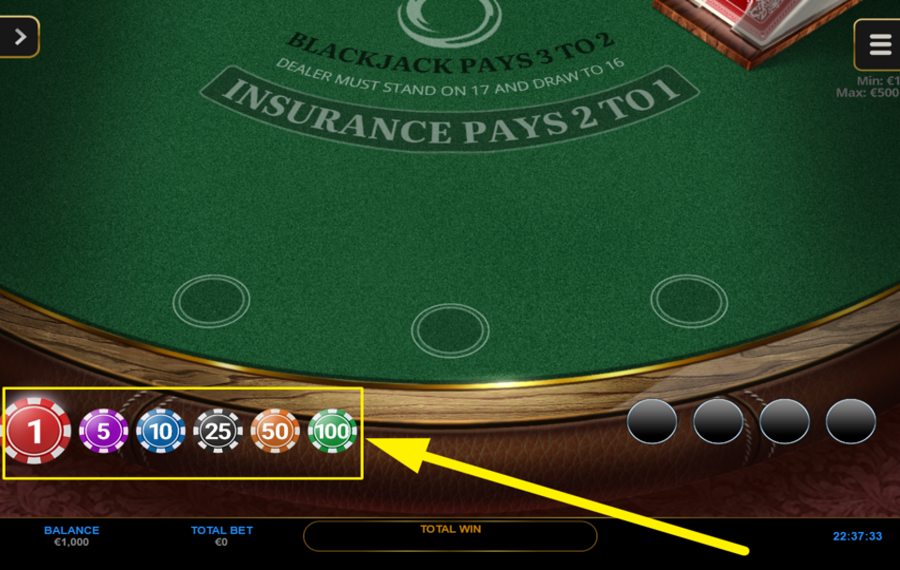 Spinoro Blackjack CHOISISSEZ UNE VALEUR DE JETON.