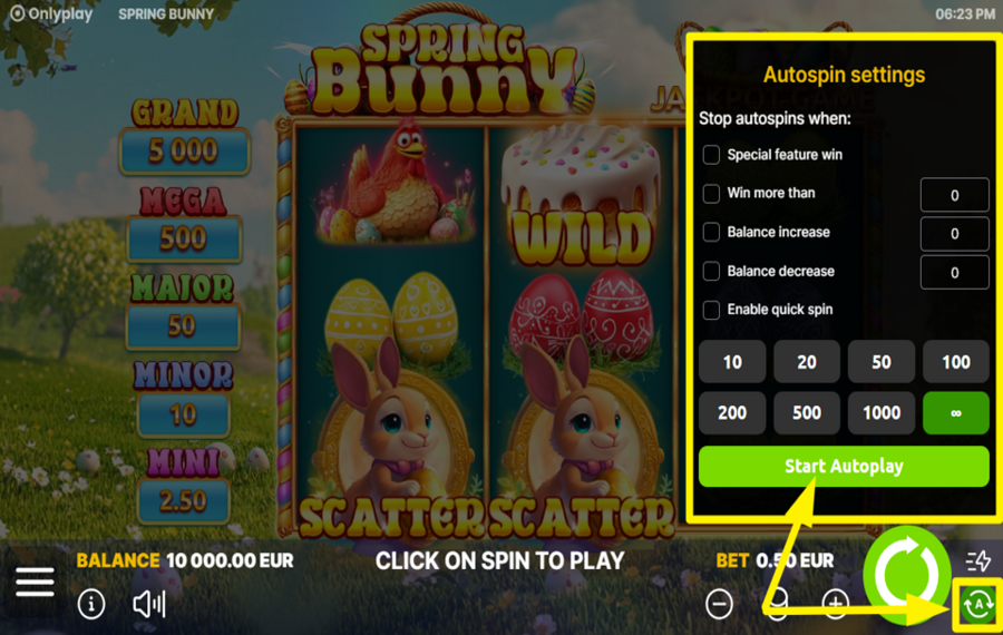 Spring Bunny INITIATE AUTOMATIC SPINS.