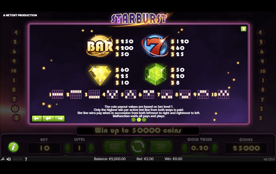 Starburst Choose the number of paylines