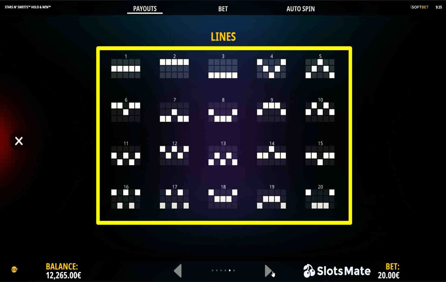Stars n Sweets Hold and Win Wählen Sie die Gewinnlinien.