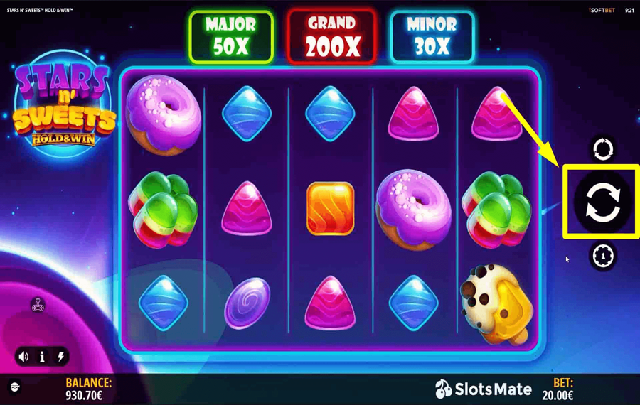 Stars n Sweets Hold and Win Klicken/tippen Sie auf die Schaltfläche „Drehen“.