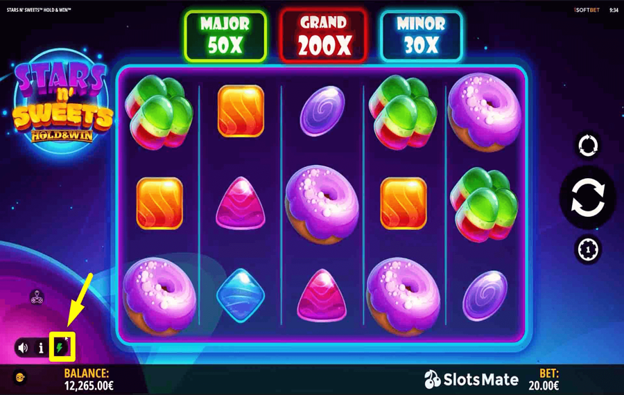 Stars n Sweets Hold and Win Verwendung der optionalen „Turbo“-Funktion.