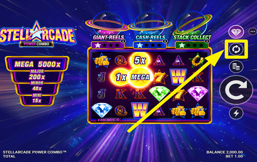 Stellarcade Power Combo ВЫБЕРИТЕ АВТОМАТИЧЕСКИЕ ВРАЩЕНИЯ.