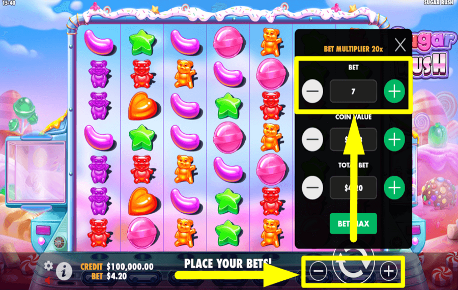 Sugar Rush DÉFINIR LA VALEUR DE LA MISE.