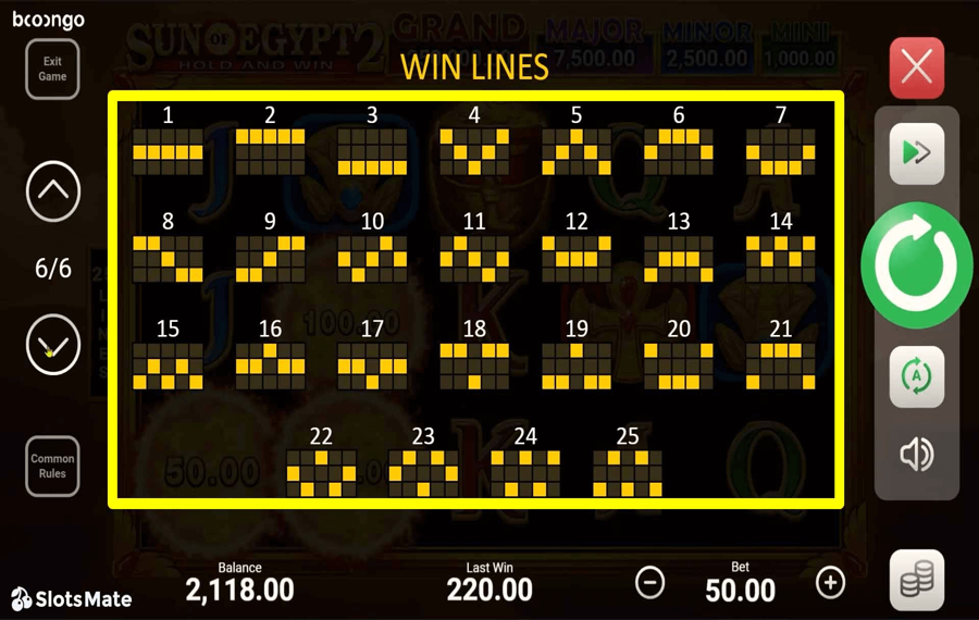 Sun of Egypt 2 Wählen Sie die Gewinnlinien.