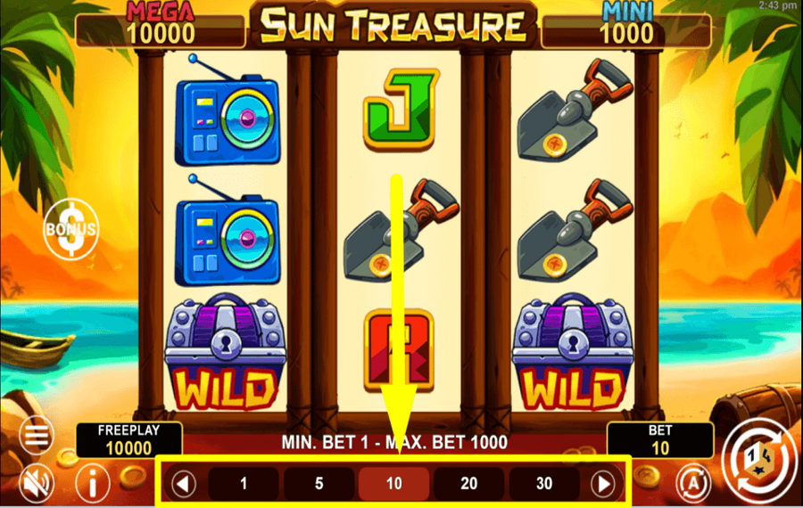 Sun Treasure SELECT THE TOTAL BET.