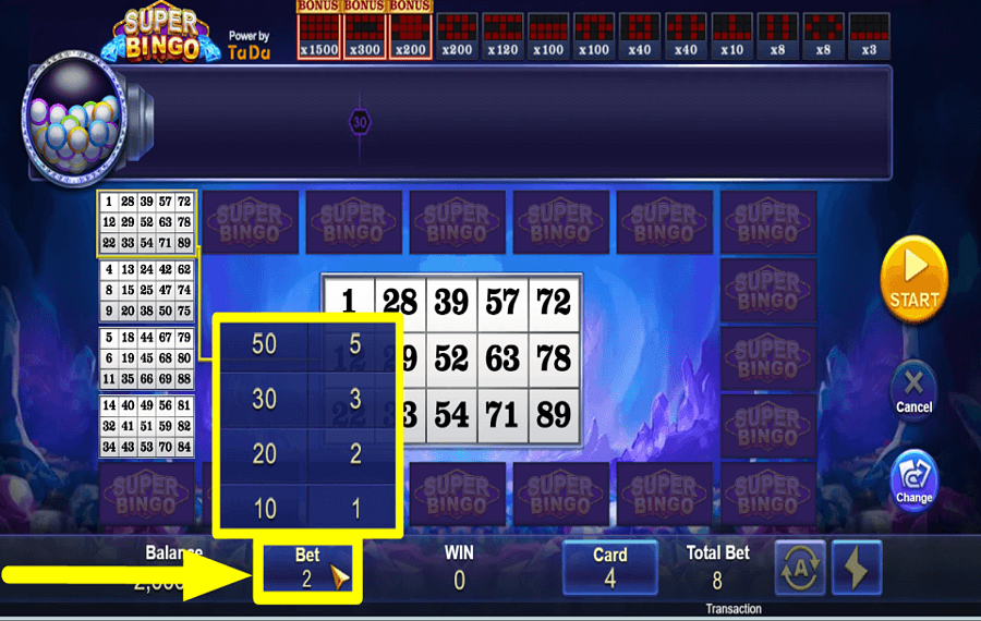 Super Bingo DÉTERMINER L'ENJEU.