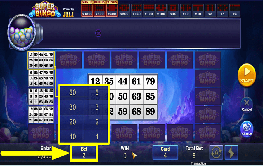 Super Bingo DETERMINARE LA POSTA IN GIOCO.