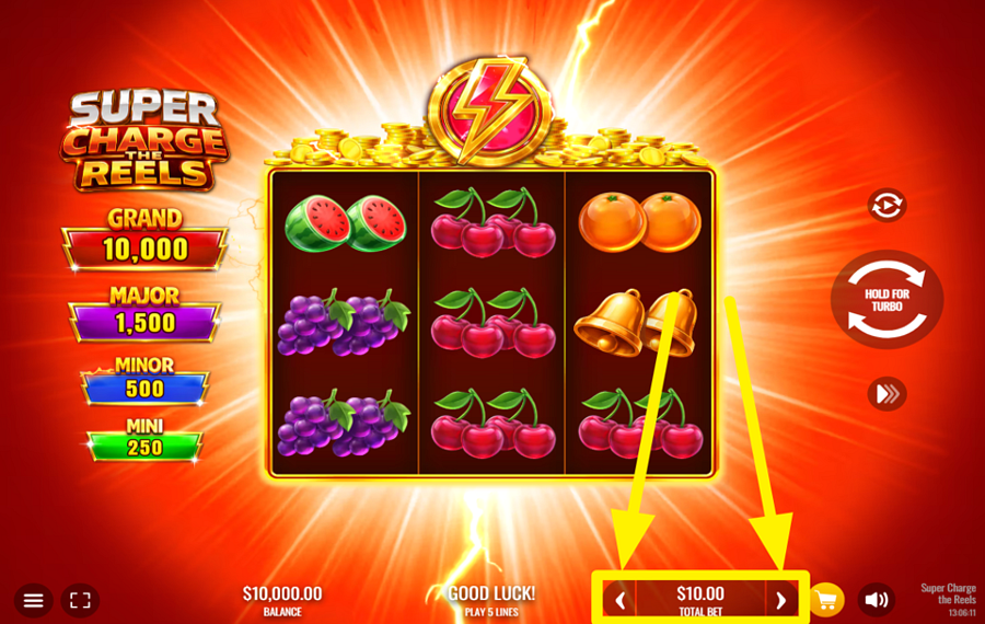 Super Charge the Reels ВЫБЕРИТЕ СУММУ СТАВКИ.