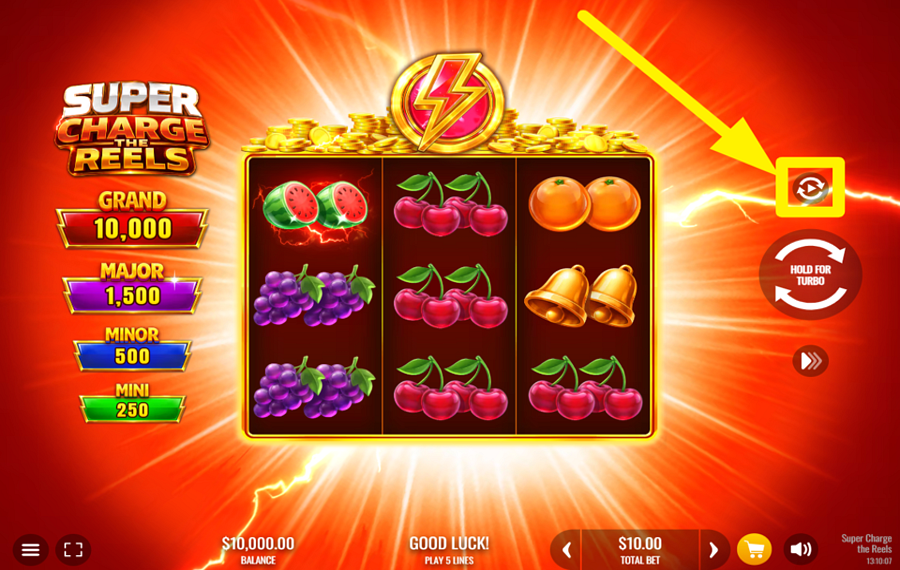 Super Charge the Reels ИСПОЛЬЗУЙТЕ АВТОМАТИЧЕСКИЕ ВРАЩЕНИЯ.