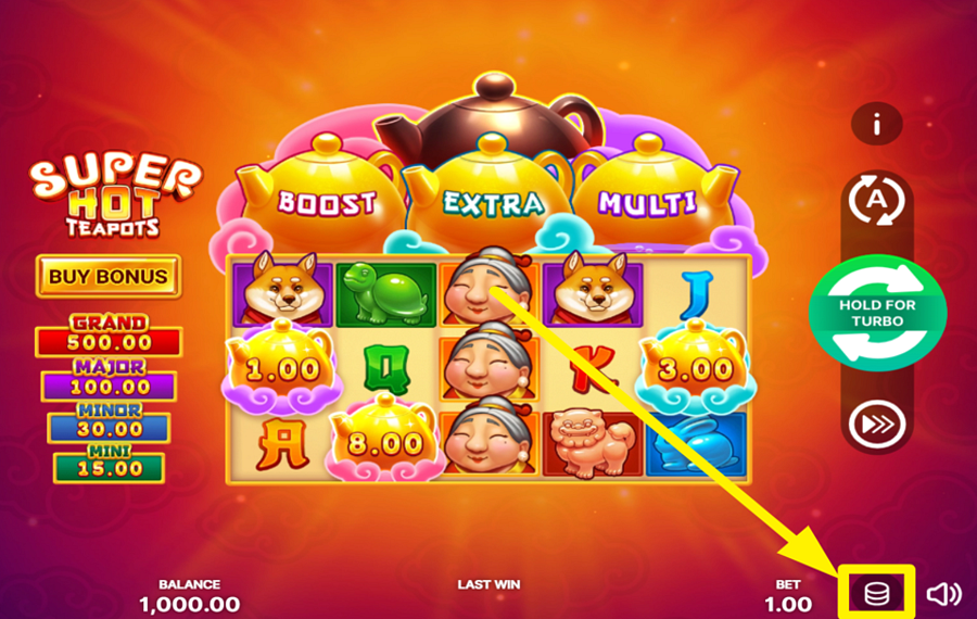 Super Hot Teapots Hold and Win ELIGE UN IMPORTE PARA TU APUESTA.