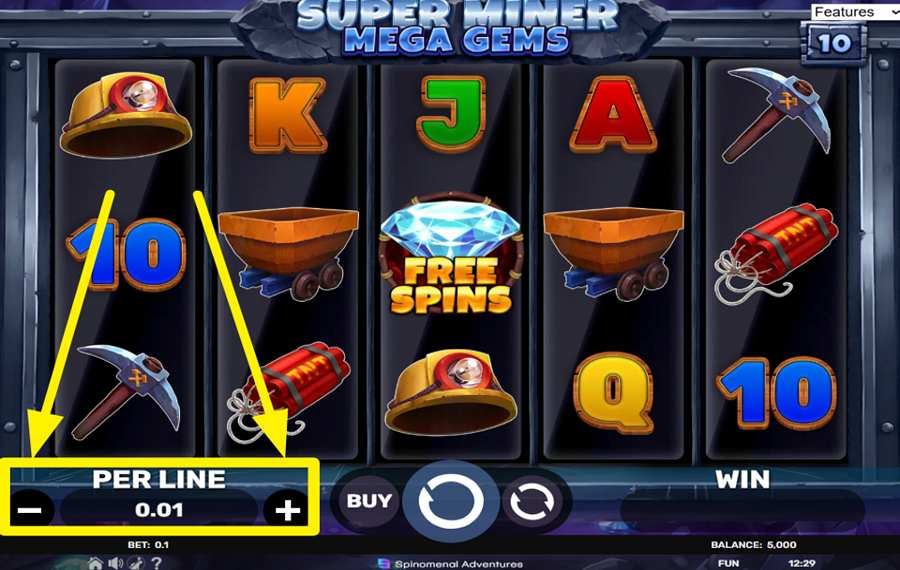 Super Miner Mega Gems SPECIFICA LA TUA SCOMMESSA PER LINEA.