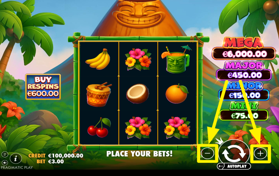 Super Tiki Strike SELEZIONA UN IMPORTO DI SCOMMESSA.