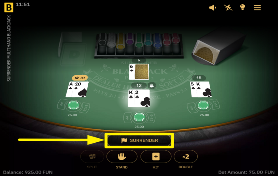 Surrender Multihand Blackjack OPTA POR LA OPCIÓN DE RENDICIÓN.