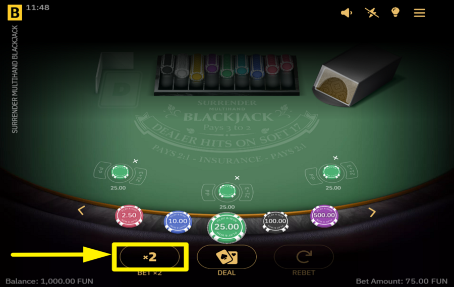 Surrender Multihand Blackjack DOBLE TODAS LAS APUESTAS REALIZADAS.