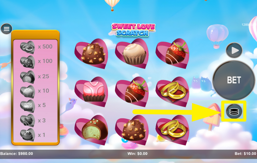 Sweet Love Scratch SELECT YOUR BET AMOUNT.