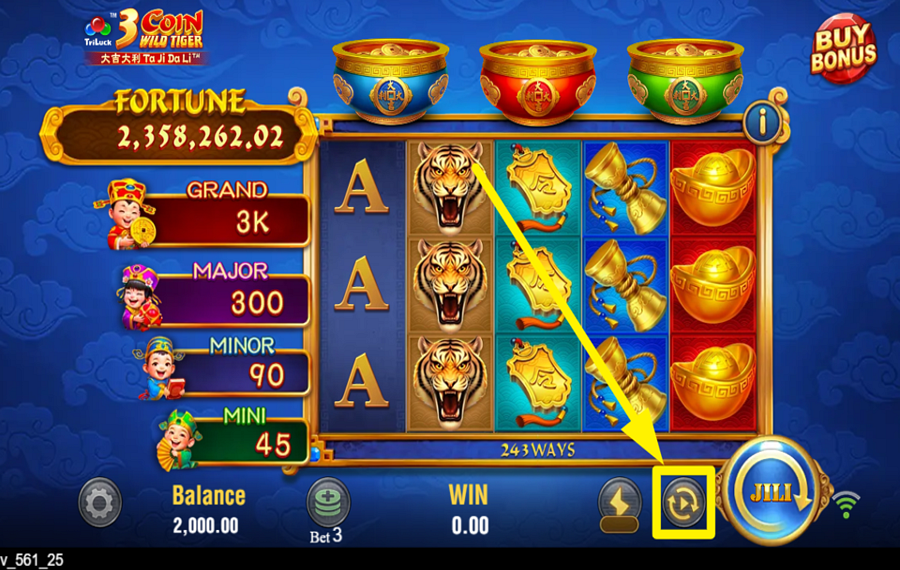 TaDa Gaming 3 Coin Wild Tiger DÉCLENCHEUR DE ROTATION AUTOMATIQUE.
