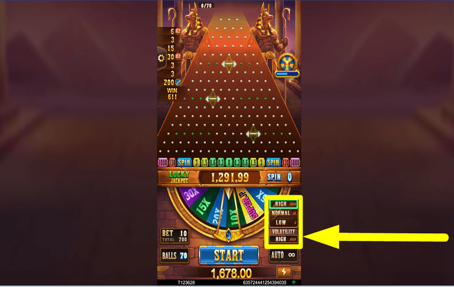 TaDa Gaming Plinko Empire 難易度を設定する。
