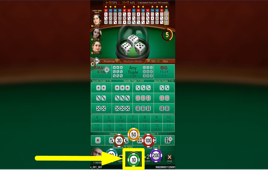 TaDa Gaming Sic Bo 賭け金を選択してください。