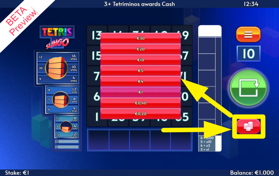 Tetris Slingo CHOOSE THE TOTAL BET.