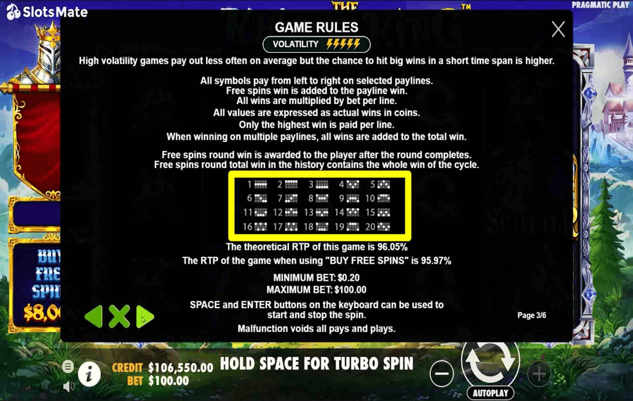 The Knight King Choose the paylines.