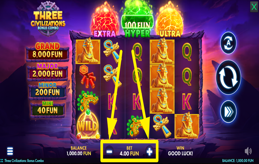 Three Civilizations Bonus Combo 合計賭け金を設定してください。