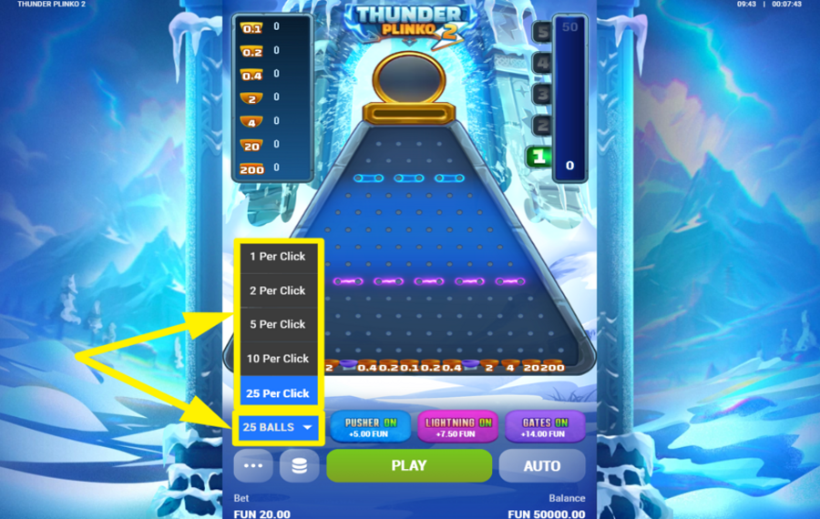 Thunder Plinko 2 WÄHLE DIE ANZAHL DER BÄLLE.