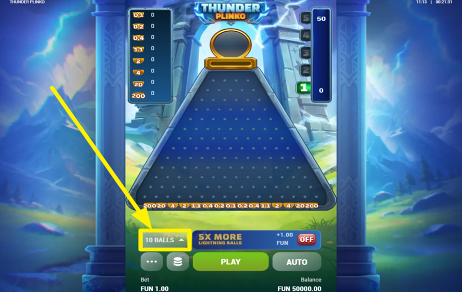 Thunder Plinko ANZAHL DER BÄLLE ANPASSEN.