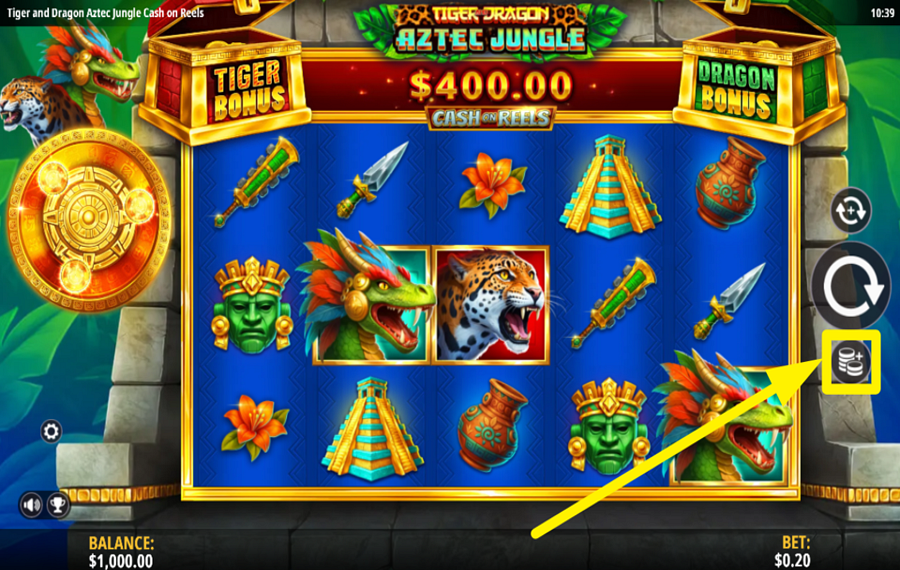 Tiger and Dragon Aztec Jungle 賭け金を調整してください。