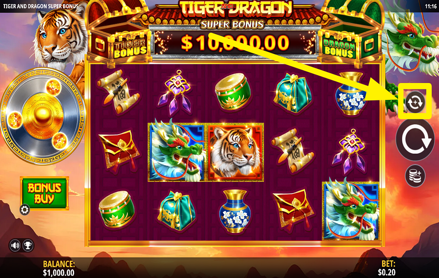 Tiger and Dragon Super Bonus リールを自動的に回転させます。