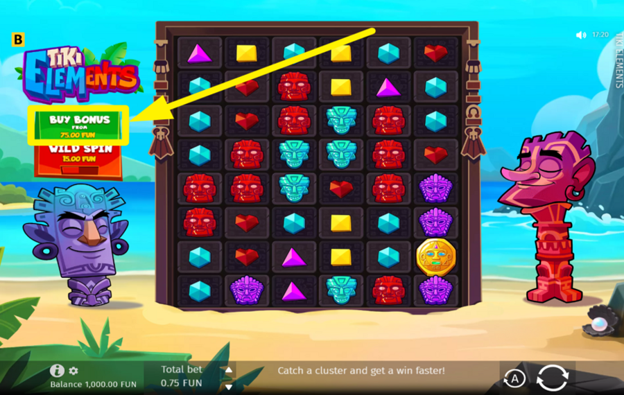 Tiki Elements ПРИОБРЕТИТЕ БОНУСНЫЙ РАУНД.