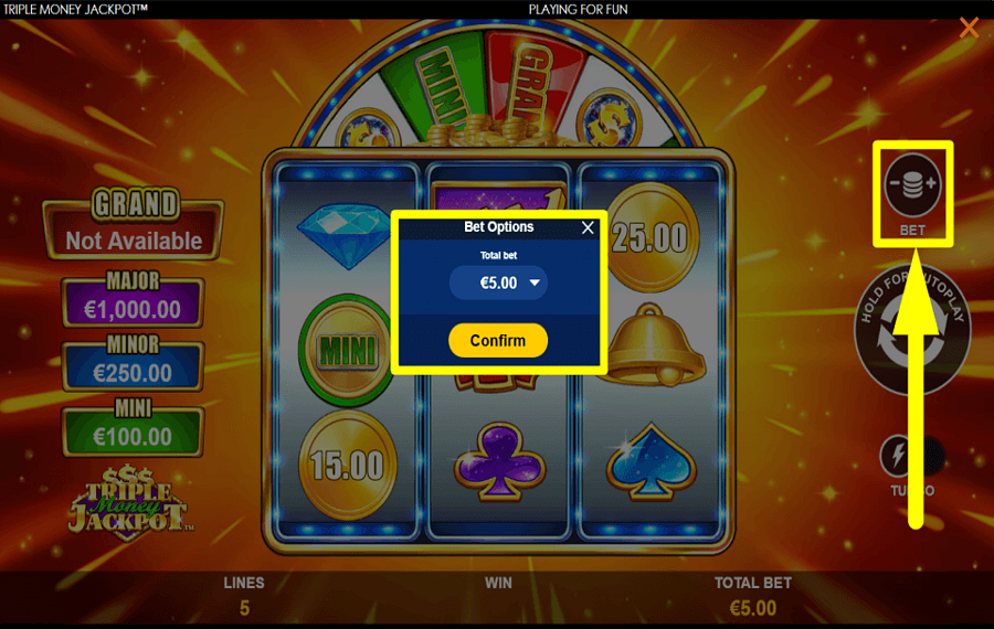 Triple Money Jackpot Den Einsatz festlegen.