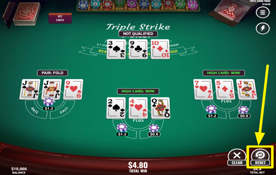 Triple Strike Poker RÉPÉTEZ VOTRE DERNIER PARI.