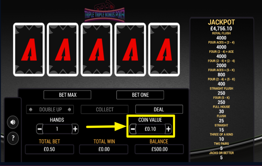Triple Triple Bonus Poker MODIFICA IL VALORE DELLA MONETA.