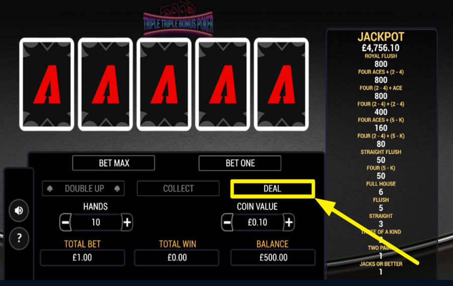 Triple Triple Bonus Poker DISTRIBUIRE LE CARTE.