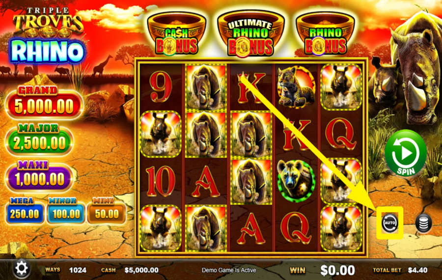 Triple Troves Rhino EMPLOY THE AUTOMATIC SPINS.