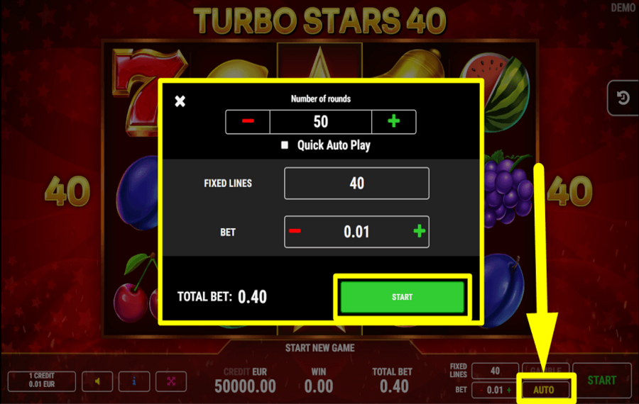 Turbo Stars 40 CHOOSE AUTOMATIC SPINS.