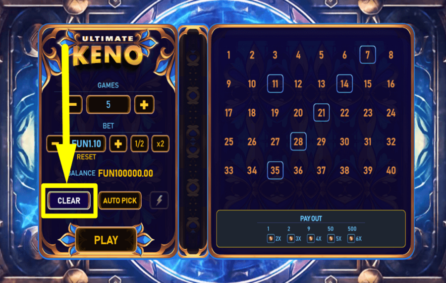 Ultimate Keno PURGER TOUS LES NUMÉROS.