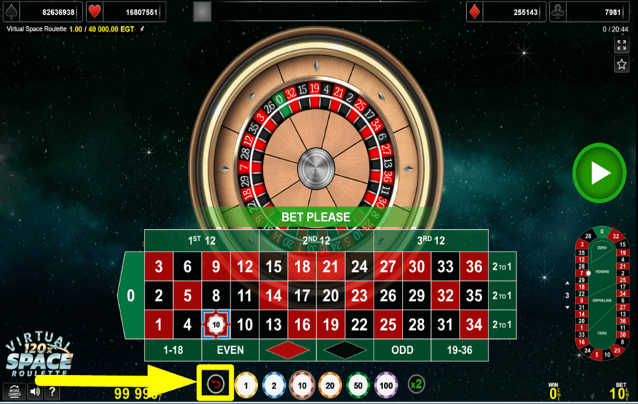 Virtual Space Roulette RETIRA TUS SELECCIONES.