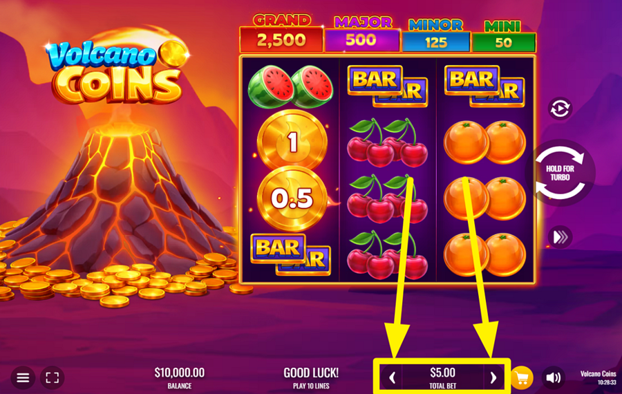 Volcano Coins 賭け金の値を割り当ててください。