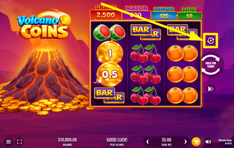 Volcano Coins トリガーで自動回転。
